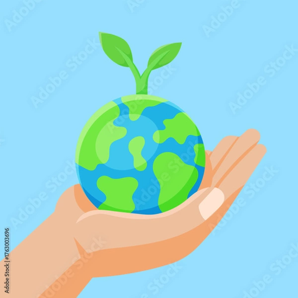 Obraz Flat vector illustration Hand Holding Earth with Green Plant Sprout. Save the Planet Illustration