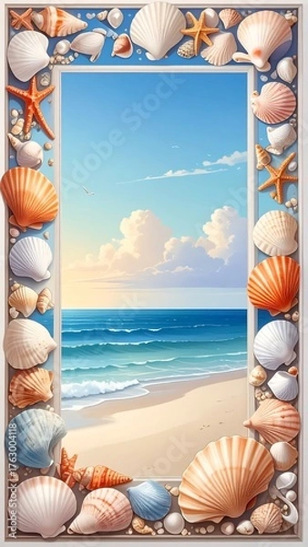 Fototapeta Beach scene framed by seashells and starfish, with a beautiful sky
