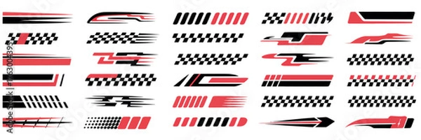 Fototapeta Racing Car Stripes and Motorsport Graphics Set – Checkered Flags, Speed Lines, and Tuning Decals
