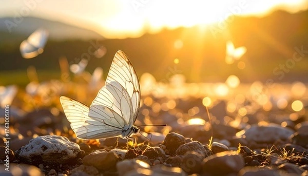 Fototapeta Butterflies in golden sunlight near sunset, close-up on rocky ground