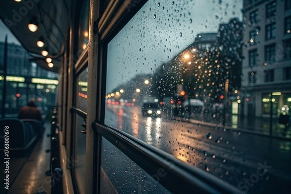 Obraz Rainy Bus Window with City Lights  Cinematic Travel Mood Photography