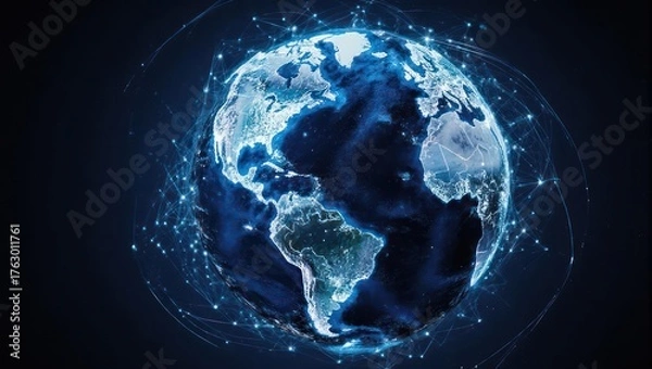 Fototapeta Digital rendering of Earth with glowing networks overlaid, illustrating global connectivity