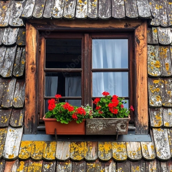 Fototapeta Rustic window with red geraniums on a tiled roof
