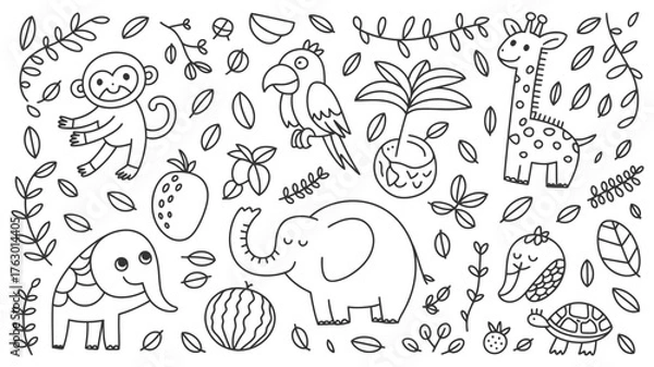 Fototapeta Playful jungle animal doodles with tropical plants create a cheerful coloring page for kids, perfect for educational resources and fun activity books