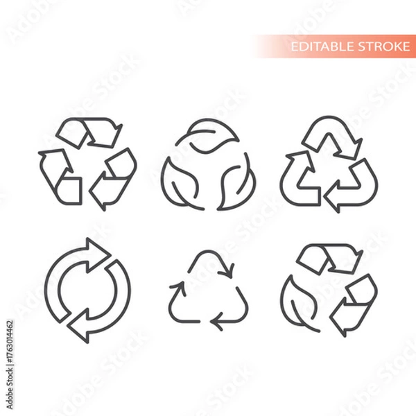 Fototapeta Recycle or recycling vector symbols. Recylced arrow editable stroke line icon set. 