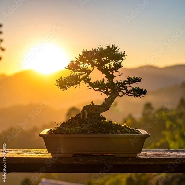 Fototapeta Serene bonsai tree bathed in warm sunlight with mountain backdrop