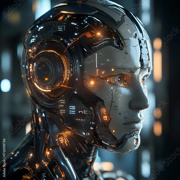 Fototapeta Cyborg Head with Futuristic Design, Futuristic Cyborg Head with High-Tech Design, Realistic 3D Rendering of a Cyborg's Face, Cyborg Design in a High-Tech, Futuristic Style, 3D Cyborg Head with Advance