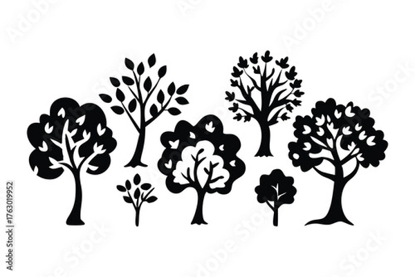 Obraz Stylized Trees: Silhouette of various trees showcasing diversity in nature's artistry, portraying a serene yet structured design element, perfect for conveying natural and environmental themes.