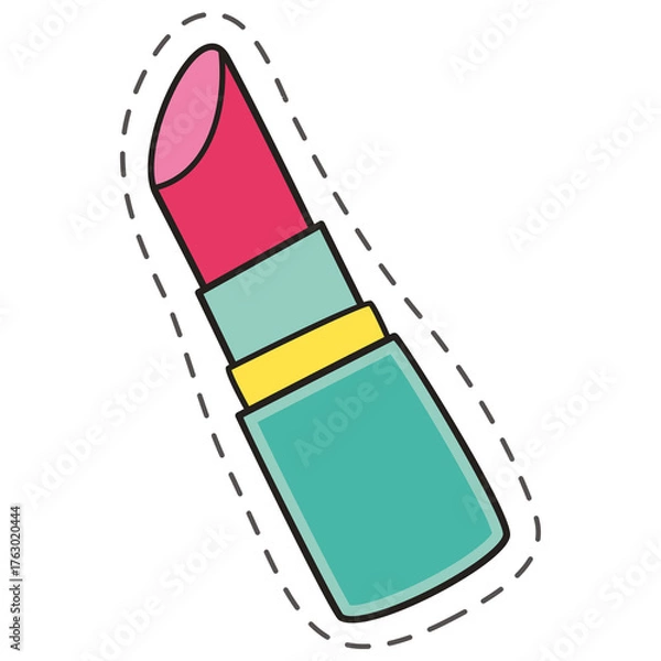 Obraz Illustration of a vibrant turquoise lipstick with a pink tip and a golden band against a white background featuring a dashed outline sticker effect