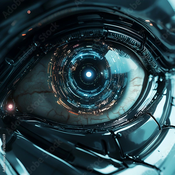 Fototapeta Cybernetic Eye Close-Up, Close-Up of a Cybernetic Eye with AI Vision, Futuristic AI Eye with Digital World Inside, Cybernetic Eye with Digital Data, AI Vision Close-Up: Eye of Technology, Artificial E