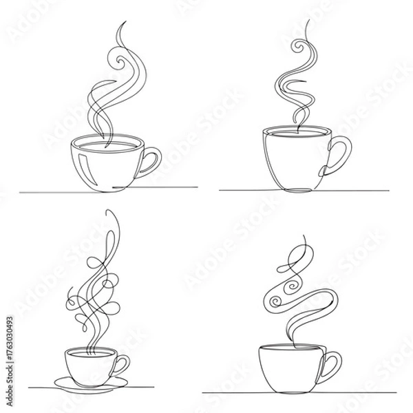 Obraz Minimalist Coffee Cup Line Art Set – Elegant Continuous Line Drawing of Hot Coffee Mugs with Steam