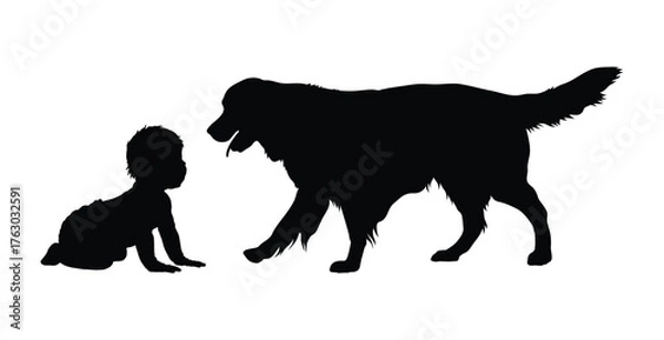 Fototapeta Happy baby crawling and playing with golden retriever dog side view vector black silhouette isolated on white background.