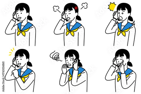 Obraz スマートフォンで通話する女子学生　セット