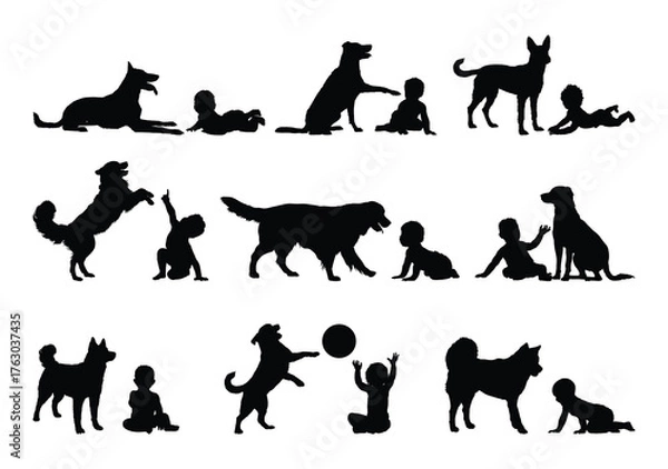 Fototapeta Group of babies and toddlers playing with dogs different positions black silhouette set collection. Babies boy and girl sitting and crawling on the floor with dog vector silhouettes graphic set.