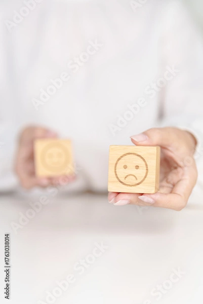 Obraz Woman show Unhappy Sad face block, Mental health Assessment, Psychology, Health Wellness, Feedback, Customer Review, Experience, Satisfaction Survey, Negative Thinking and World Mental Health day