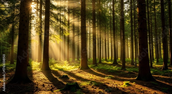 Fototapeta Sunlight in Forest, Trees with Sunbeams, Nature Landscape