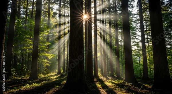 Fototapeta Sunbeams in Forest, Woodland with Sunlight Filtering