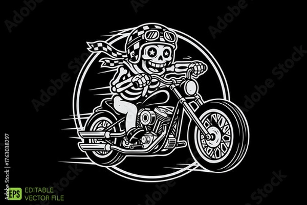 Fototapeta Skeleton Biker Riding Motorcycle with Checkered Scarf and Goggle