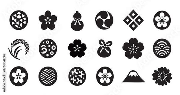 Fototapeta 和のイラストセット(手書き風、切り絵風、ハンコ風)