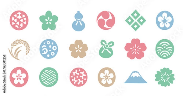 Fototapeta 和のイラストセット(手書き風、切り絵風、ハンコ風)