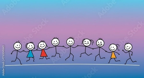 Obraz Diverse group of stick figure children holding hands and running together in a joyful celebration.