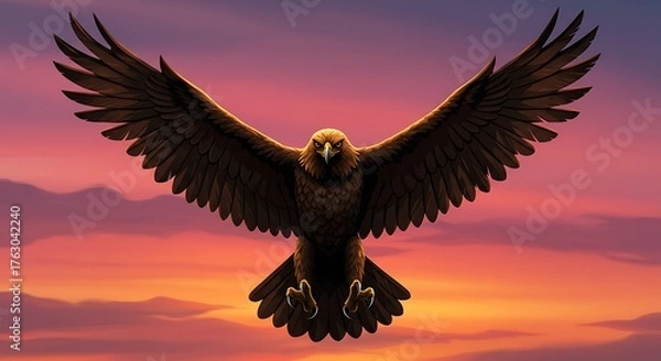 Obraz Majestic Eagle Soaring Against a Vibrant Sunset Sky.