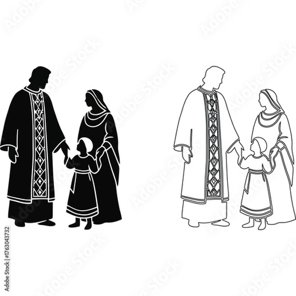 Obraz Black and white illustration depicting two adults and a child in traditional clothing standing together side by side silhouette