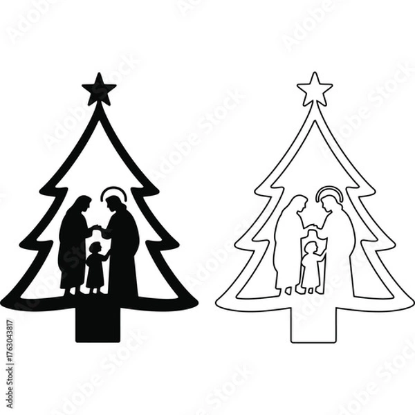 Obraz Christmas tree shaped nativity scene cutouts in black and white showing jesus mary and joseph figures silhouette
