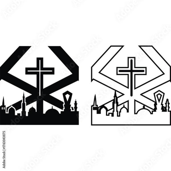 Obraz Christian cross over cityscape silhouette with geometric design in black and white variations graphic art