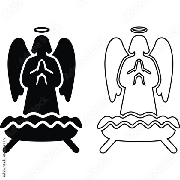 Obraz Two angel illustrations one solid black and one outlined standing on a wavy platform with legs below it silhouette