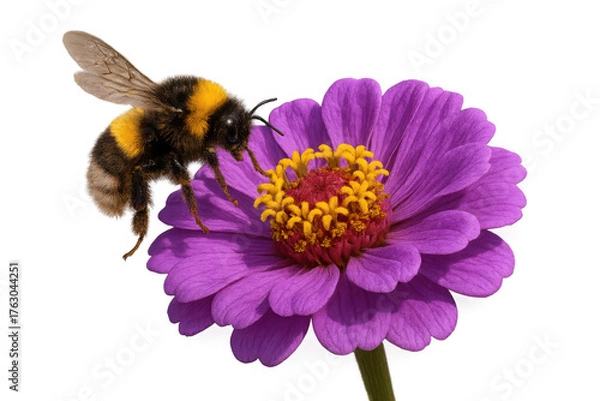 Fototapeta Bumblebee gathering nectar and pollen from a vibrant zinnia flower, a symbol of pollination, nature, and summer
