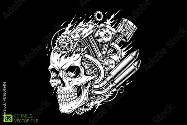 Fototapeta Skull with Motorcycle Engine Parts and Flames Illustration.