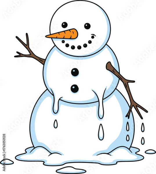Fototapeta Melting cartoon snowman with carrot nose and stick arms on white background winter
