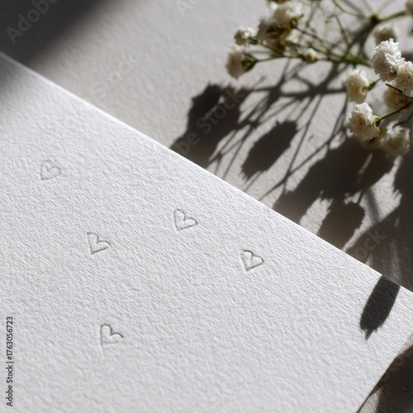 Obraz Delicate Heart Sketches on Textured Paper with Floral Shadows, Minimalist Aesthetic.