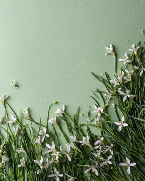 Obraz Delicate White Ornithogalum Flowers on Soft Green Background, Minimalist Floral Arrangement.