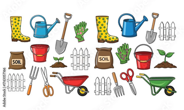 Obraz Charming hand-drawn garden tools and supplies doodle collection for outdoor projects