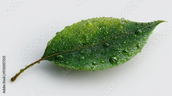 Obraz Detailed Macro of a Single Verdant Leaf Glistening with Fresh Dew Drops.