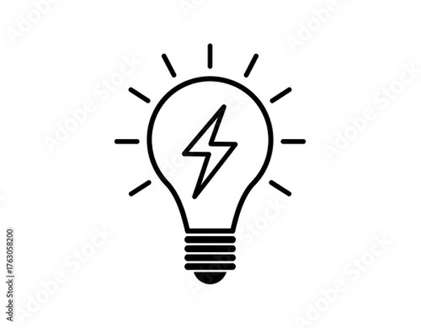 Obraz Simple black outline lightbulb with lightning bolt inside, radiating lines