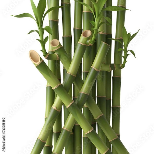 Fototapeta Arrangement of fresh green bamboo stalks a natural and zen-like decorative element isolated on a white background