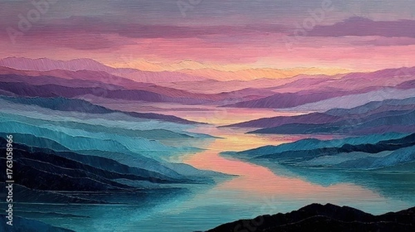 Fototapeta  Abstract Sunrise Landscape Over Water. Soft Blended Colors of Pink, Purple, and Blue with Gentle Flowing Lines Depicting Hills and Water. Serene and Ethereal Art Scene.