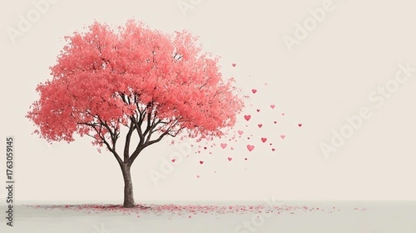 Fototapeta Enchanting Tree with Red Leaves and Pink Hearts Falling. A Magical and Romantic Scene of Nature's Beauty.