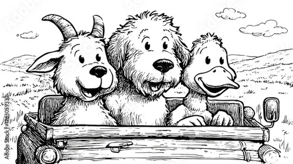 Fototapeta Colorful Adventure of Goat, Duck, and Dog Riding in a Pickup Truck. Fun and Exciting Animal Journey in a Vehicle Coloring Scene.