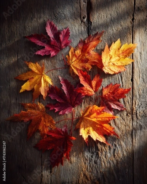 Obraz Golden Sunlight Illuminates a Rustic Wreath of Colorful Autumn Foliage.
