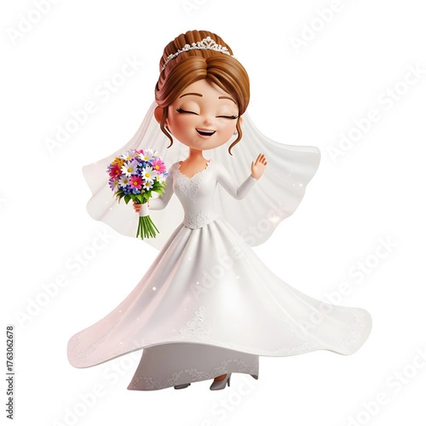Fototapeta Cartoon bride in white dress holding a bouquet a cute 3D rendering for wedding invitation or decoration isolated on white background