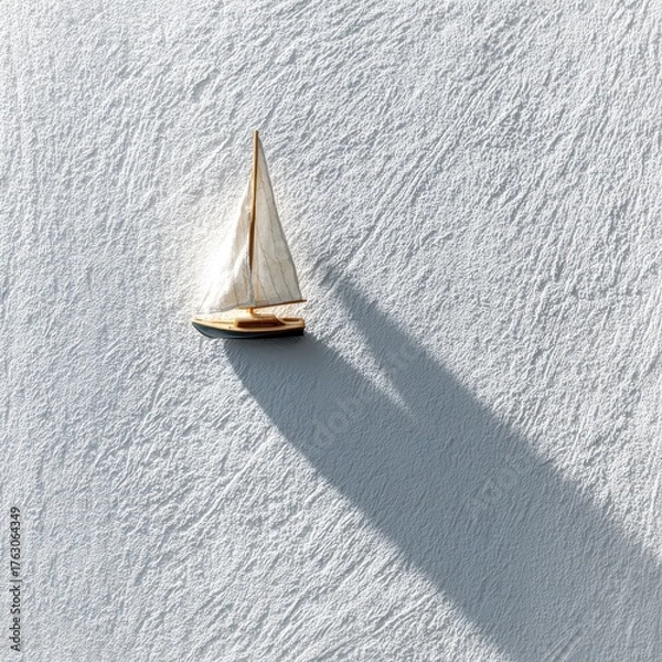 Obraz Minimalist Miniature Sailboat with Long Shadow on Textured White Surface, Evoking Calm Journey.