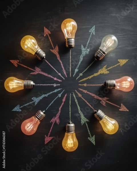 Obraz Radiant Circle of Diverse Ideas - Glowing Light Bulbs and Colorful Arrows on a Chalkboard.