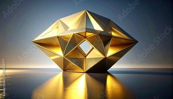 Fototapeta Abstract golden sculpture with angular shapes and internal illumination on minimalist floor, blending modern design, light, and reflective surfaces.