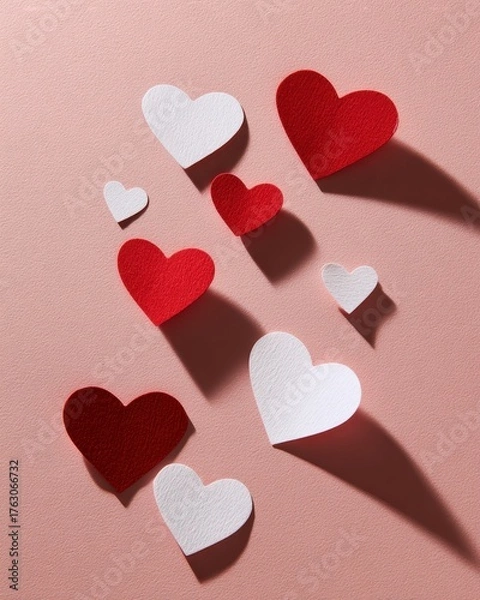 Obraz Scattered Red and White Paper Hearts with Dramatic Shadows on Soft Pink Background.