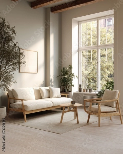 Obraz Serene Scandinavian Living Room with Abundant Natural Light and Lush Greenery.