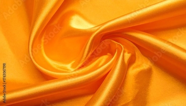 Fototapeta Close-up of orange satin fabric in soft folds and swirls, showcasing glossy texture, light reflection, and luxurious drape.